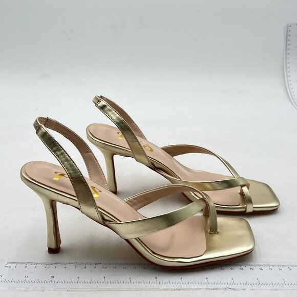 FYS Gold Thong High Heel Slide On Sandals Square Open Toe Elastic Slingback Shoe - Picture 4 of 8